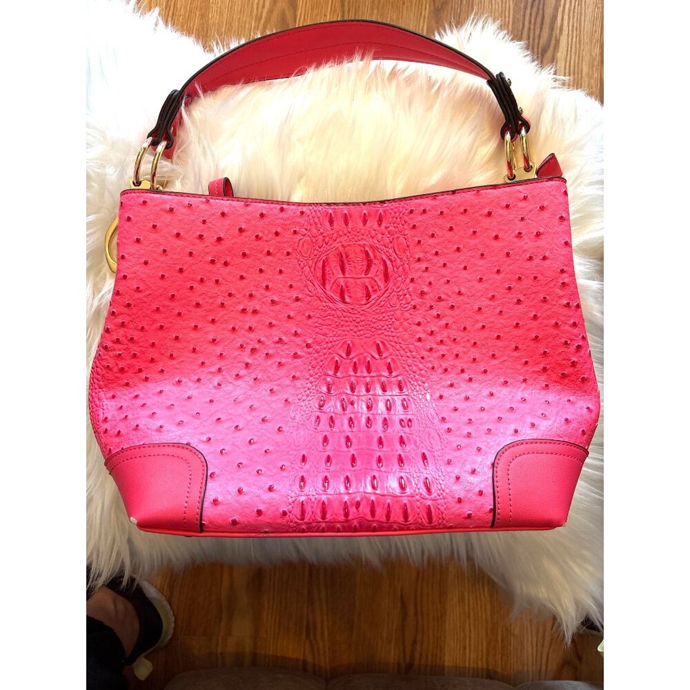 Pink Textured Handbag Ostrich Alligator With Gold Ring Accent shoulder purse PVC